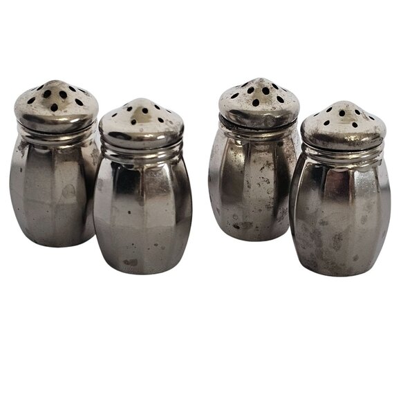 4 Silverplate Mini Salt Pepper Shakers 1.5" Baronial plate vtg rustic style - Picture 1 of 10